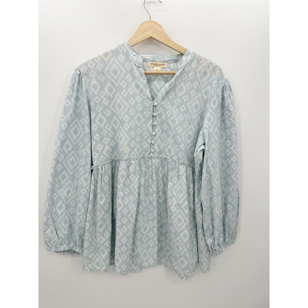 Studio West Apparel Womens Blue White Ikat Boho Peasant Tunic Blouse Large